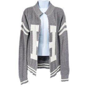 Hollister Logo H Varsity Gray Open Front Distressed Knit Cardigan Sweater Y2K